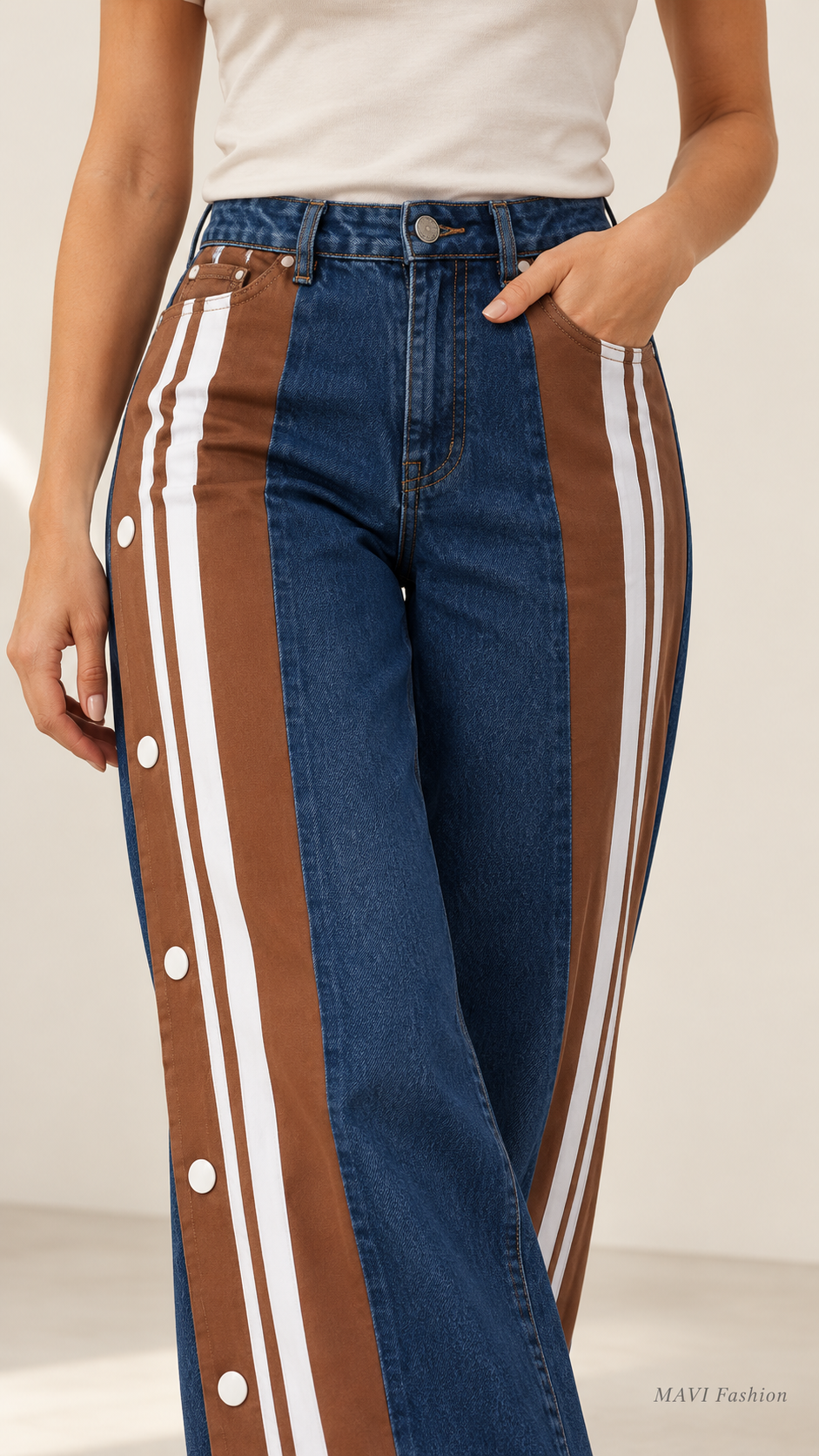 Wide Leg jeans met sportstrepen en drukknopen