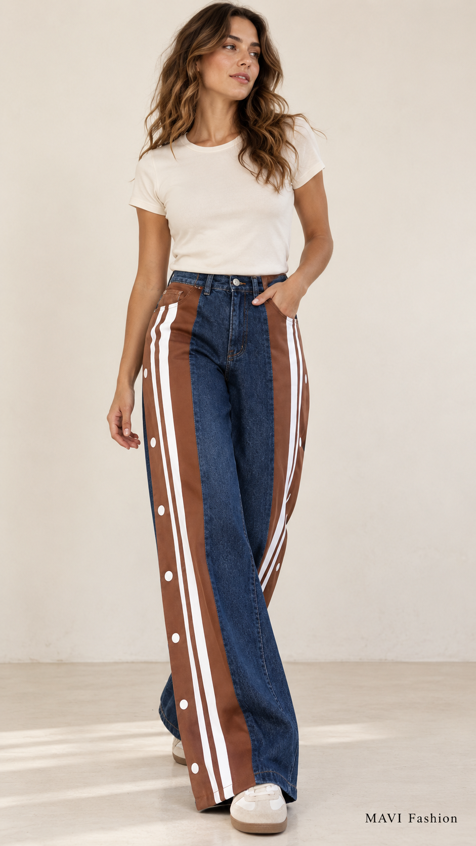 Wide Leg jeans met sportstrepen en drukknopen